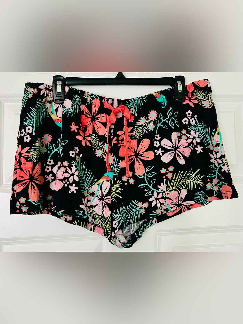 Tropical Floral Elastic Waist Shorts - Black with Coral & Mint
